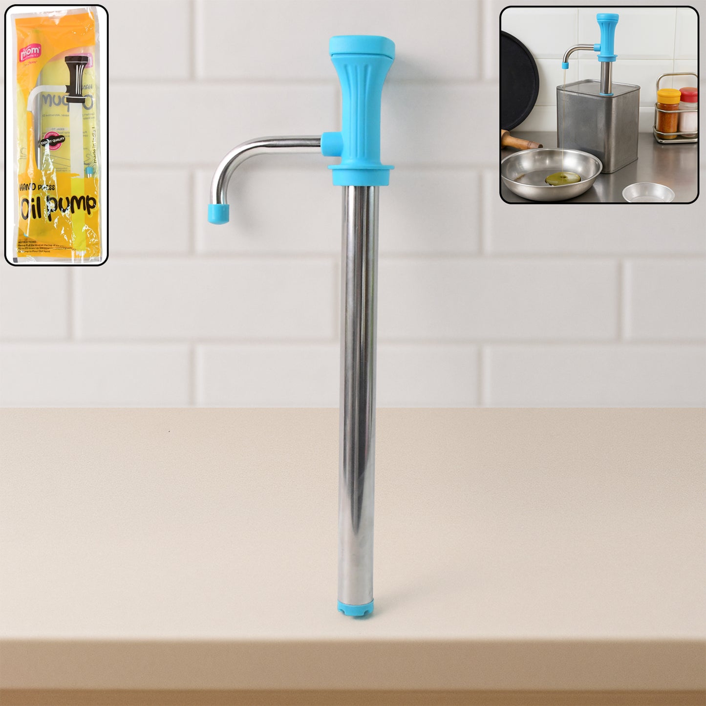 Wukusy Supermom manual stainless steel oil pump dispenser on kitchen countertop, showing easy-to-use pump mechanism.