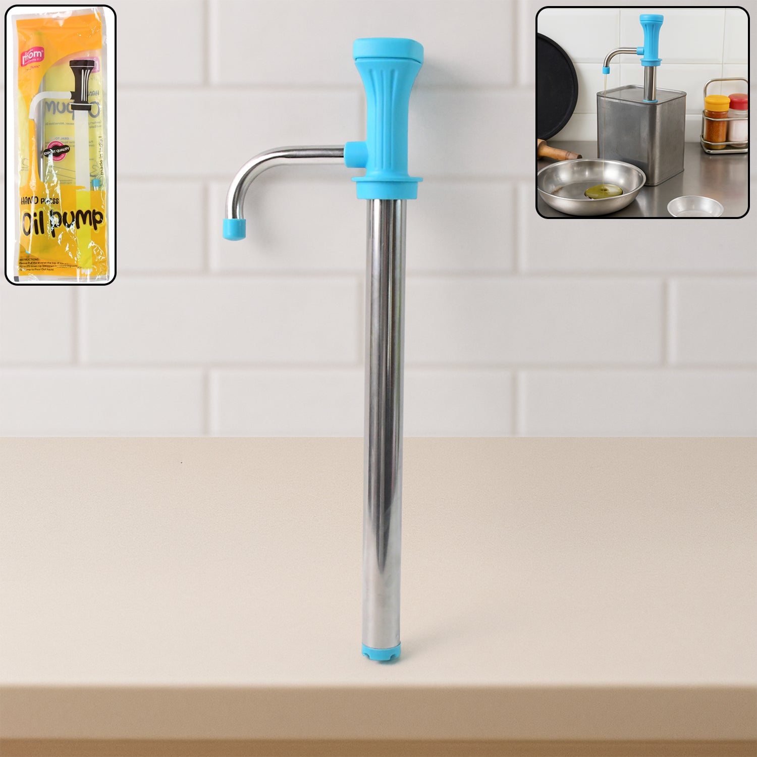 Wukusy Supermom manual stainless steel oil pump dispenser on kitchen countertop, showing easy-to-use pump mechanism.