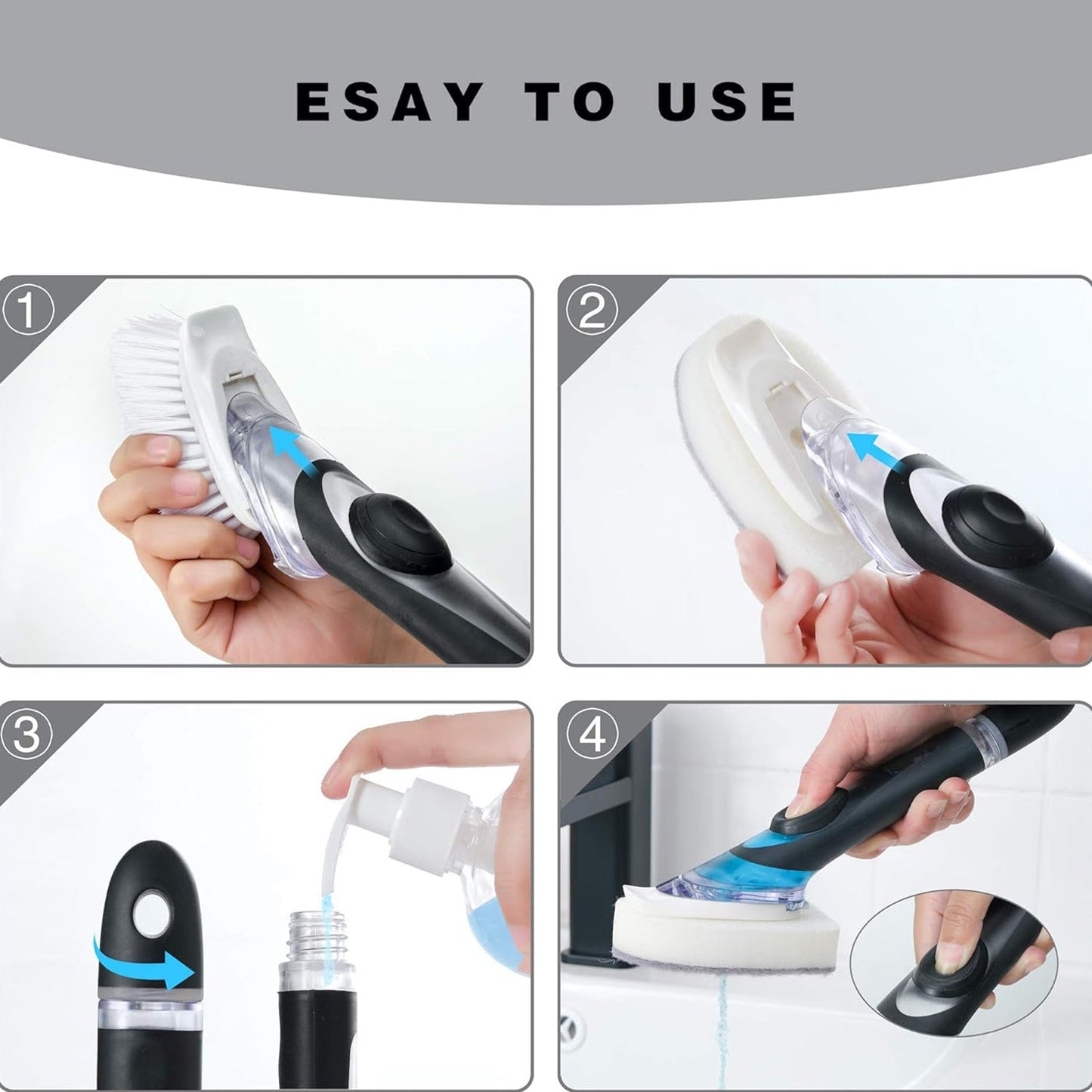 Wukusy dish scrubber with soap dispenser and brush set showing a green handle, brush head, and soap reservoir in use.