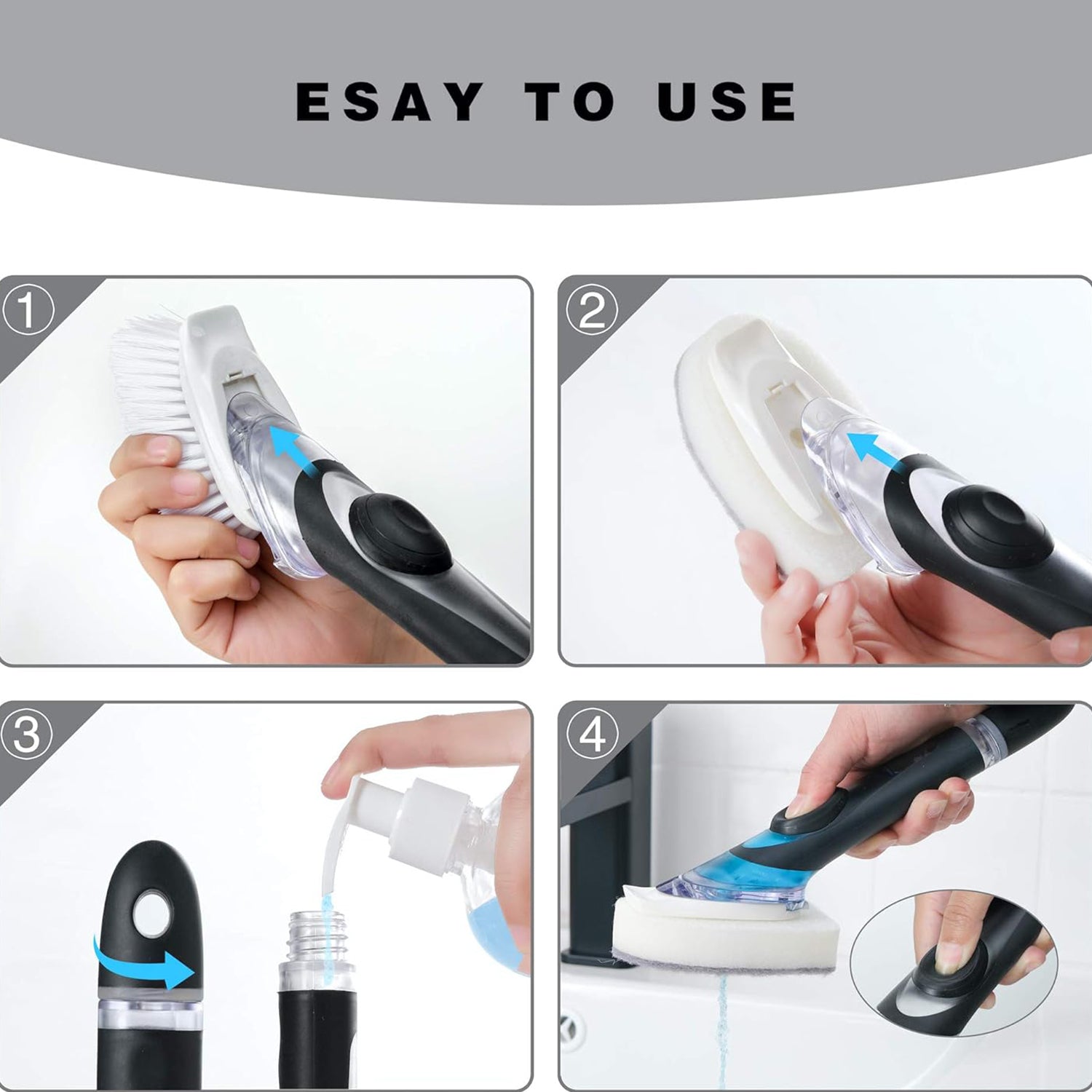 Wukusy dish scrubber with soap dispenser and brush set showing a green handle, brush head, and soap reservoir in use.
