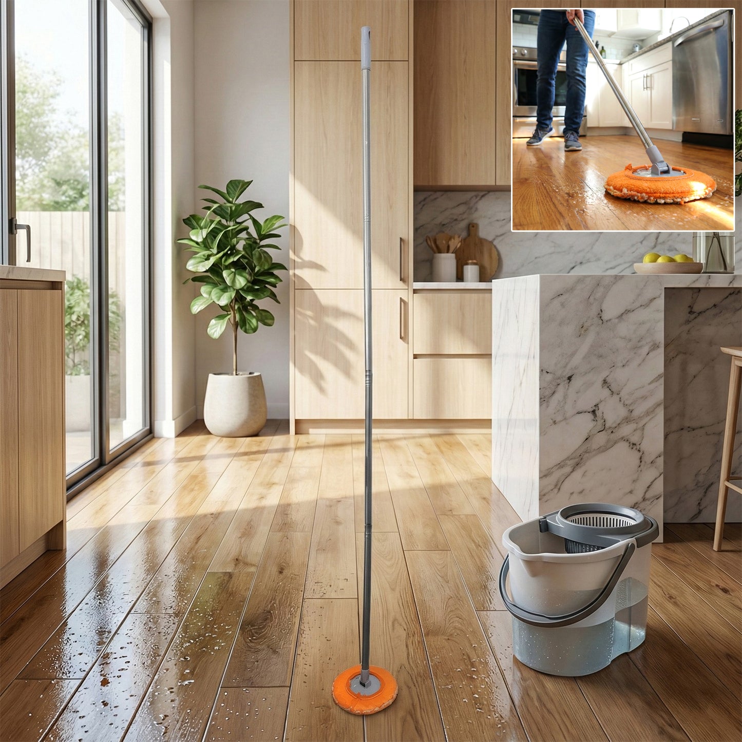 Wukusy multipurpose spin mop set with mop head and bucket for efficient cleaning and easy wringing.