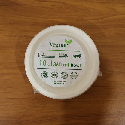 Set of 10 Wukusy Vegnar disposable food serving bowls, 360 ml capacity, clear plastic with lid, ideal for catering and parties.
