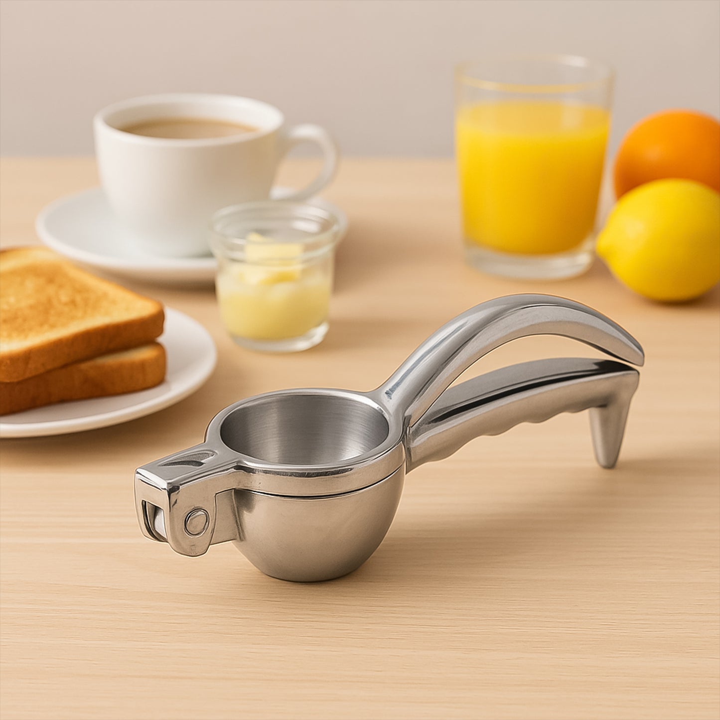 Wukusy Supermom aluminum lemon squeezer showing a hand pressing fresh lemon half for juice extraction