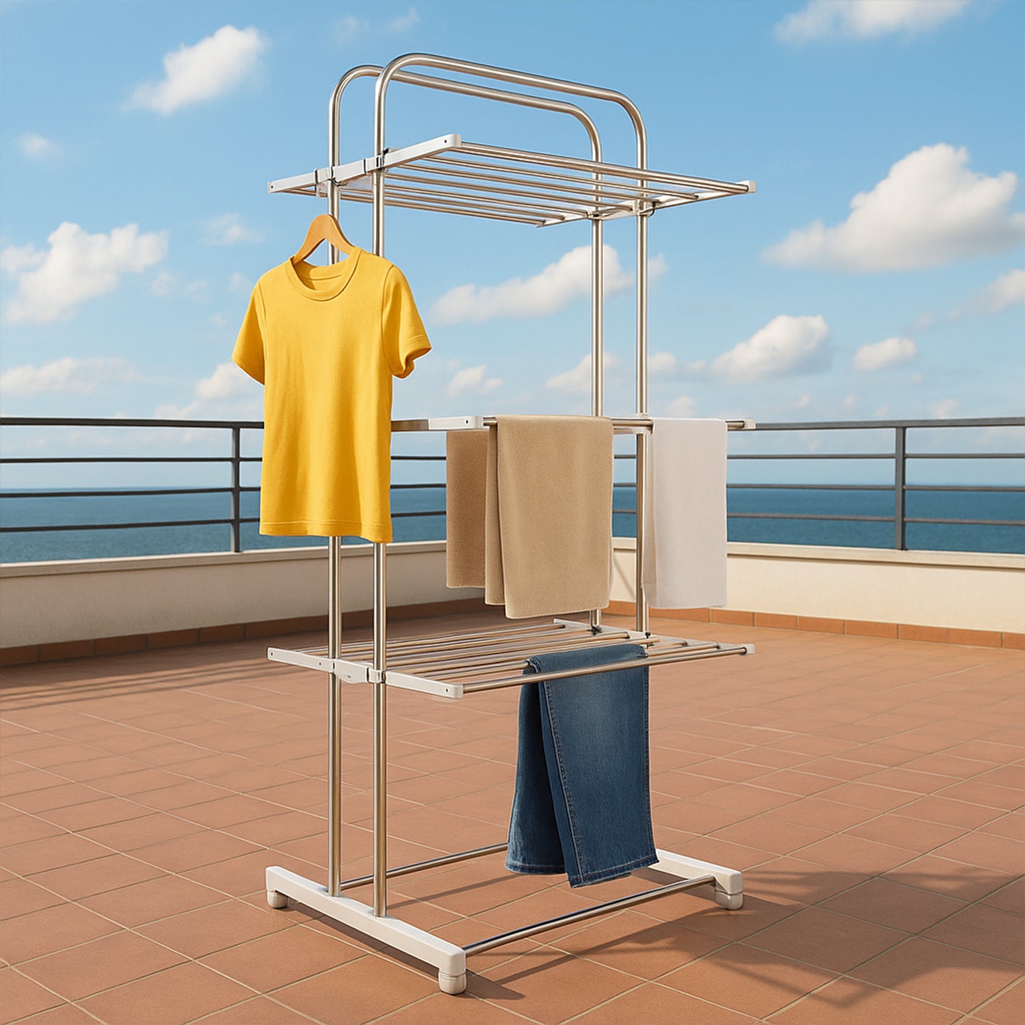 Wukusy 3-layer foldable stainless steel cloth drying stand with wheels, featuring multiple bars for hanging laundry and easy mobility.
