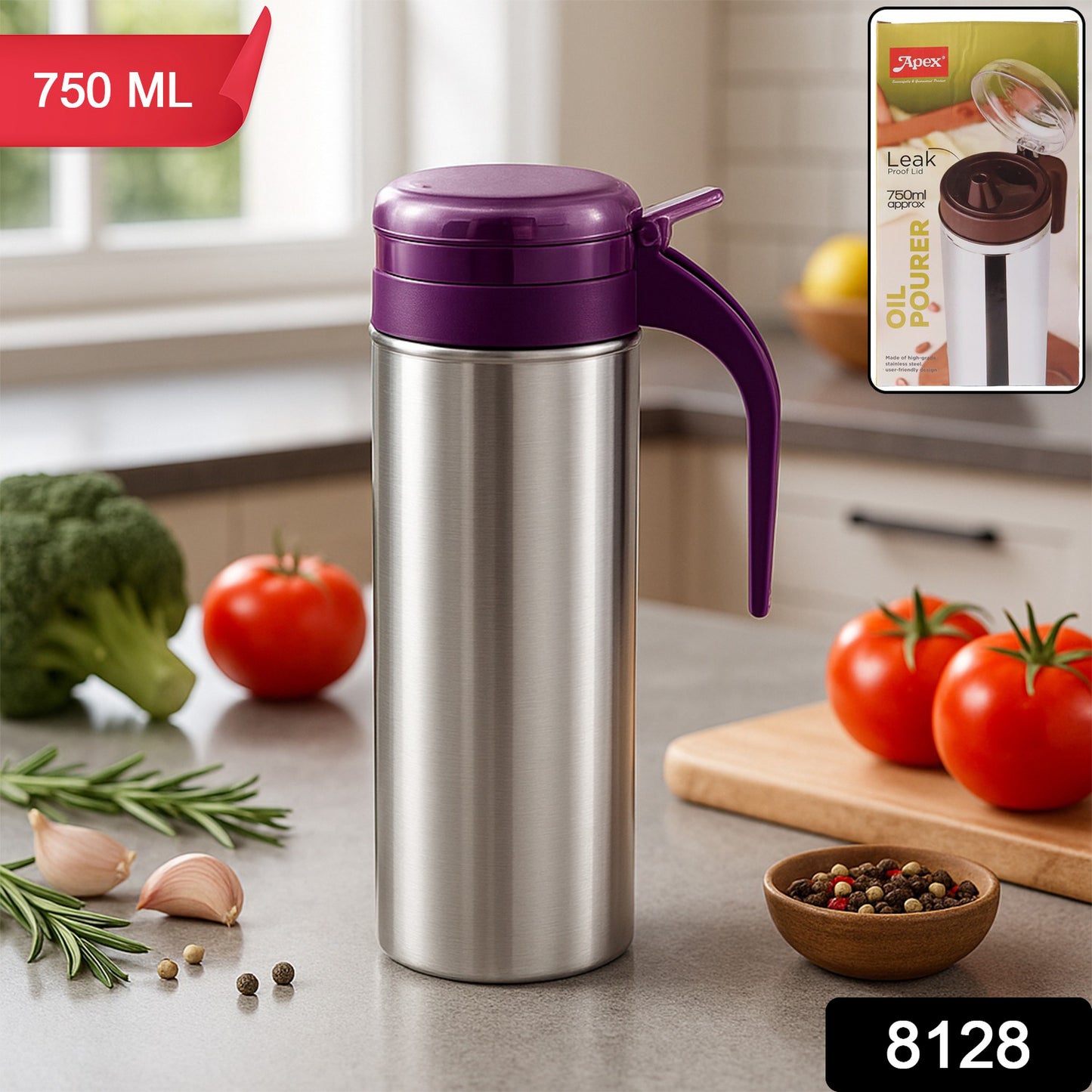 Wukusy Apex 750ml stainless steel oil pourer for kitchen use, with a sleek design and controlled pouring spout.