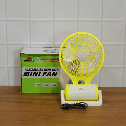 Wukusy portable rechargeable LED light with built-in mini table fan, compact and versatile for outdoor or indoor use