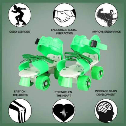 Pair of Wukusy kids' 7592 adjustable roller skates with comfortable fit, suitable for beginner skating and outdoor fun.