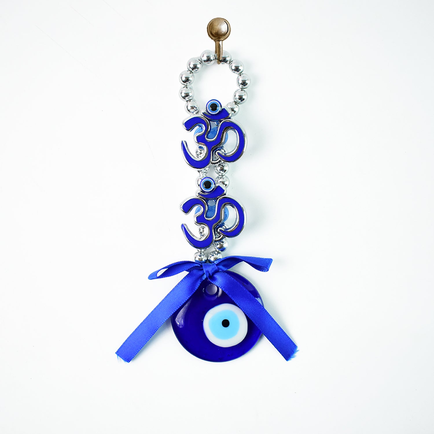 Decorative double Om symbol evil eye hanging ornament by Wukusy, featuring intricate design and vibrant colors for spiritual decor.