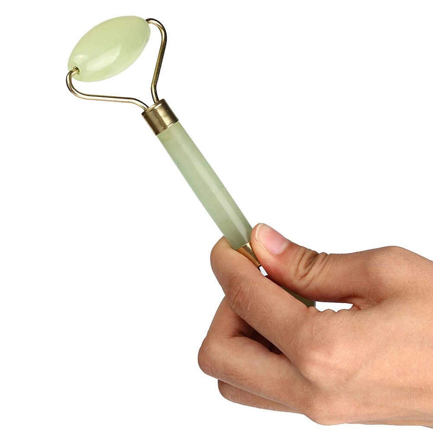 Wukusy premium dual head jade stone face roller and gua sha massage tool set, showing the green jade tools on a white background.