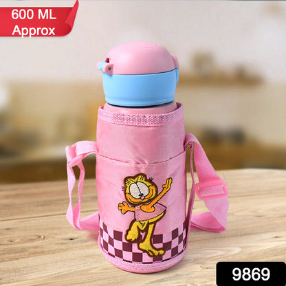Wukusy steel double wall vacuum bottle with cover and strap, 600ml capacity, showing sleek stainless steel design and secure lid.