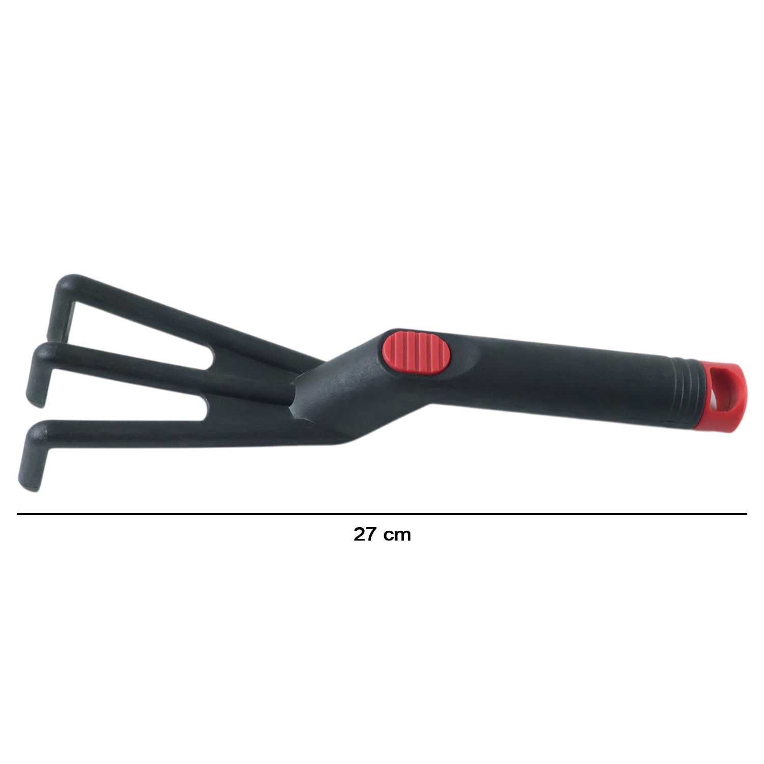 Wukusy hand garden cultivator rake, plastic gardening tool, 27 cm length, with tines for loosening soil and aerating garden beds.