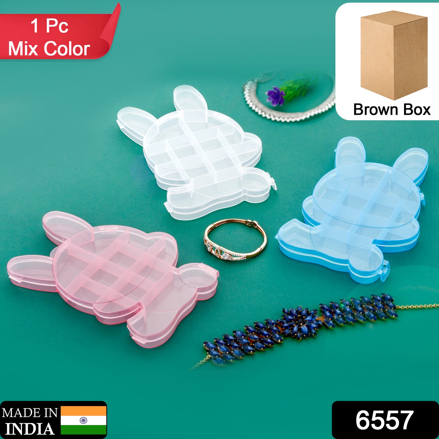 Wukusy transparent cartoon bear plastic jewelry box with compartments, clear storage organizer for small items or jewelry.