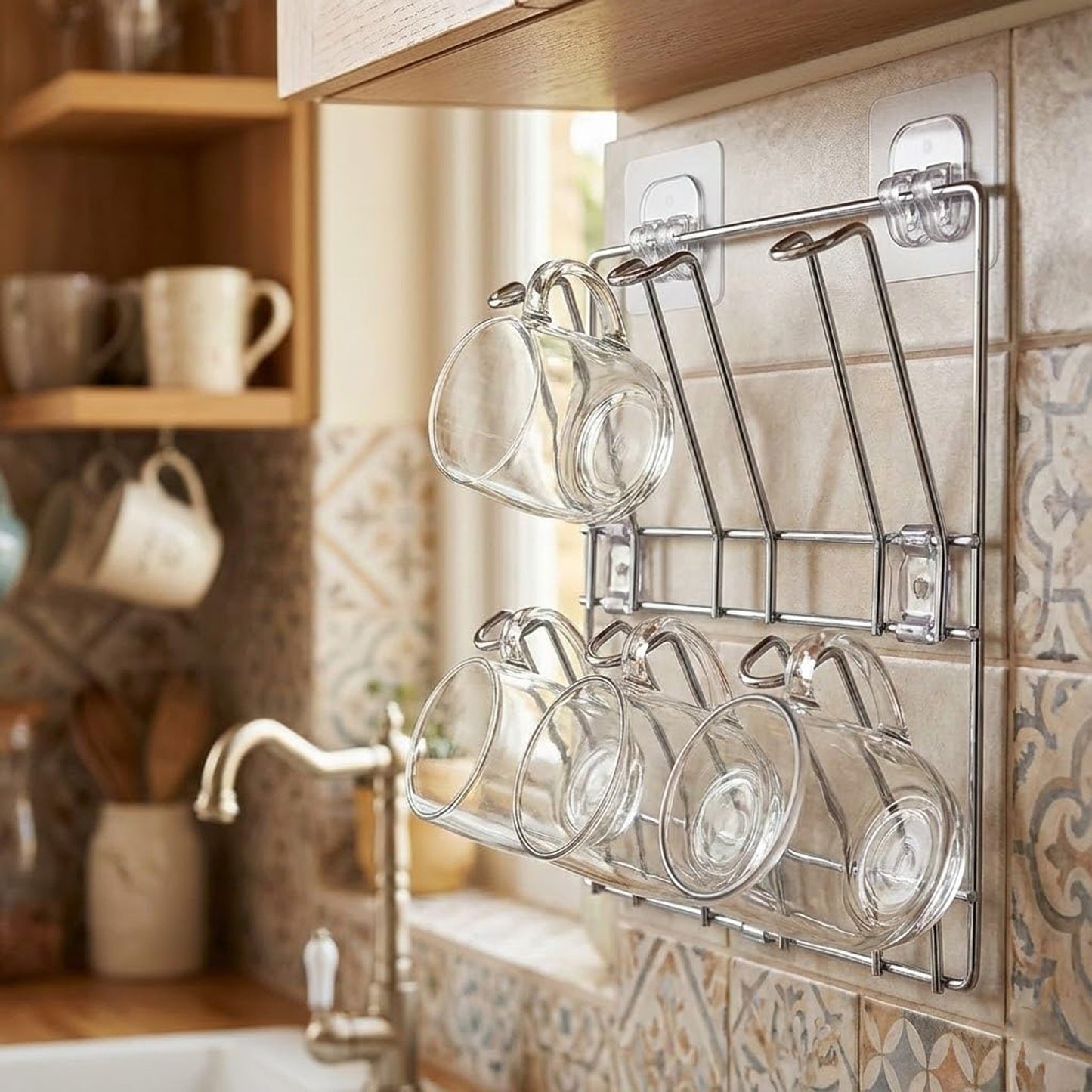 Wall-mounted stainless steel cup and mug holder rack by Wukusy, 25x25 cm, with space for multiple cups on a modern kitchen wall.