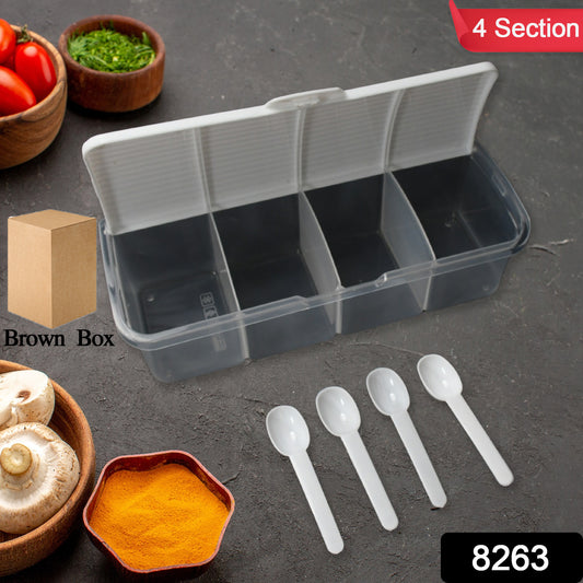 Wukusy 8263 kitchen multipurpose airtight storage containers with four sections, colorful masala and pickle jar with four spoons.