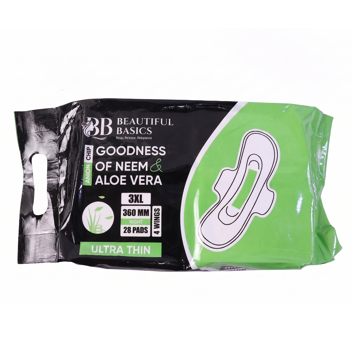 Wukusy Beautiful Basics Neem Aloe Vera sanitary pads 3XL night size, 360mm, 28-pack, designed for overnight protection.