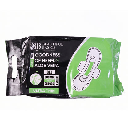 Wukusy Beautiful Basics Neem Aloe Vera sanitary pads 3XL night size, 360mm, 28-pack, designed for overnight protection.