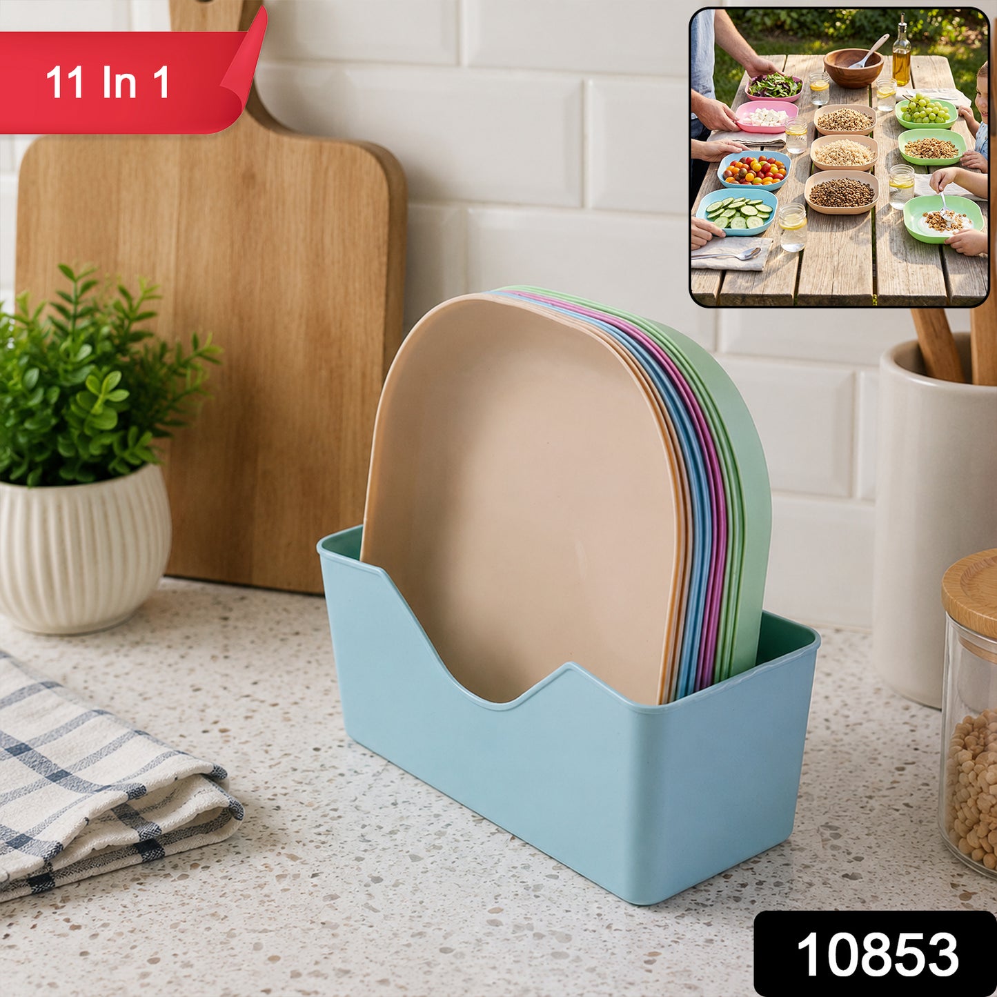 Wukusy 11-in-1 plastic snack serving plates set with multiple compartments for party snacks, colorful and durable tray for gatherings