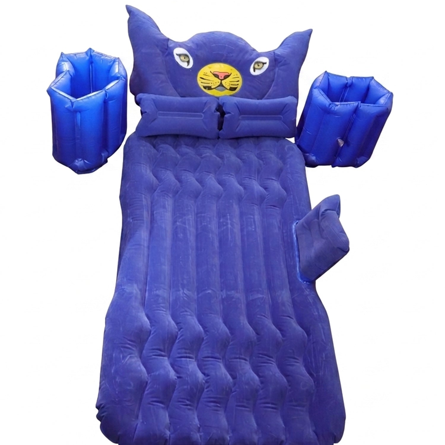 Wukusy inflatable car bed set with lion head pillow and cushions for comfortable travel sleeping inside a vehicle.