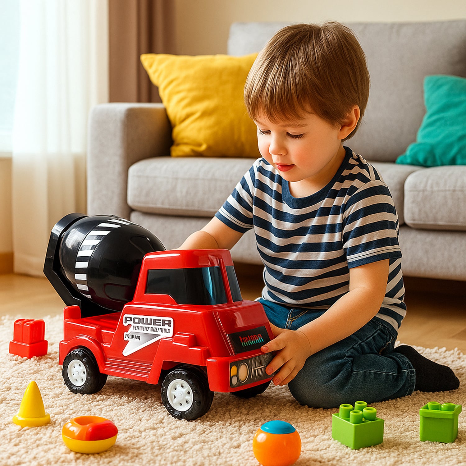 Funwoods Kids Power Cement Mixture Toy Truck by Wukusy, showing colorful toy truck with cement mixer drum and playful design.