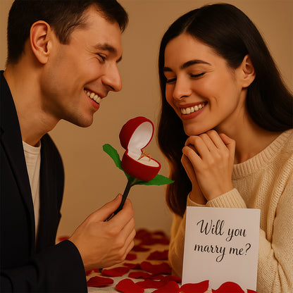 Artificial rose-shaped jewelry ring box by Wukusy, featuring a detailed rose flower design with a small compartment inside.
