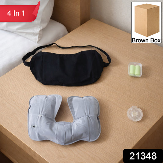 Wukusy 4-in-1 travel comfort sleep kit with eye mask, neck pillow, earplugs, and blanket for restful travel.