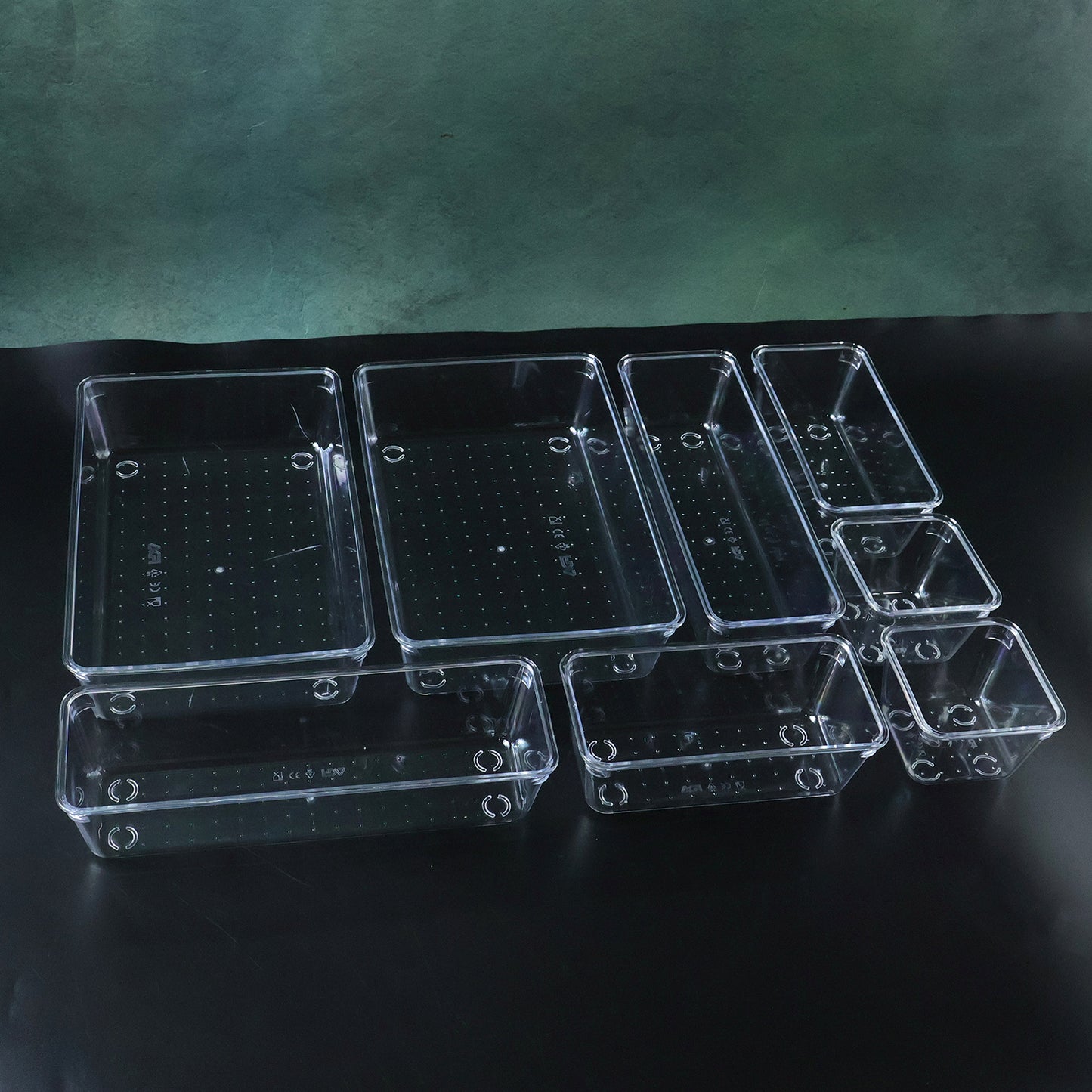 Wukusy 8-in-1 drawer organizer storage tray set with multiple compartments for kitchen or office organization.