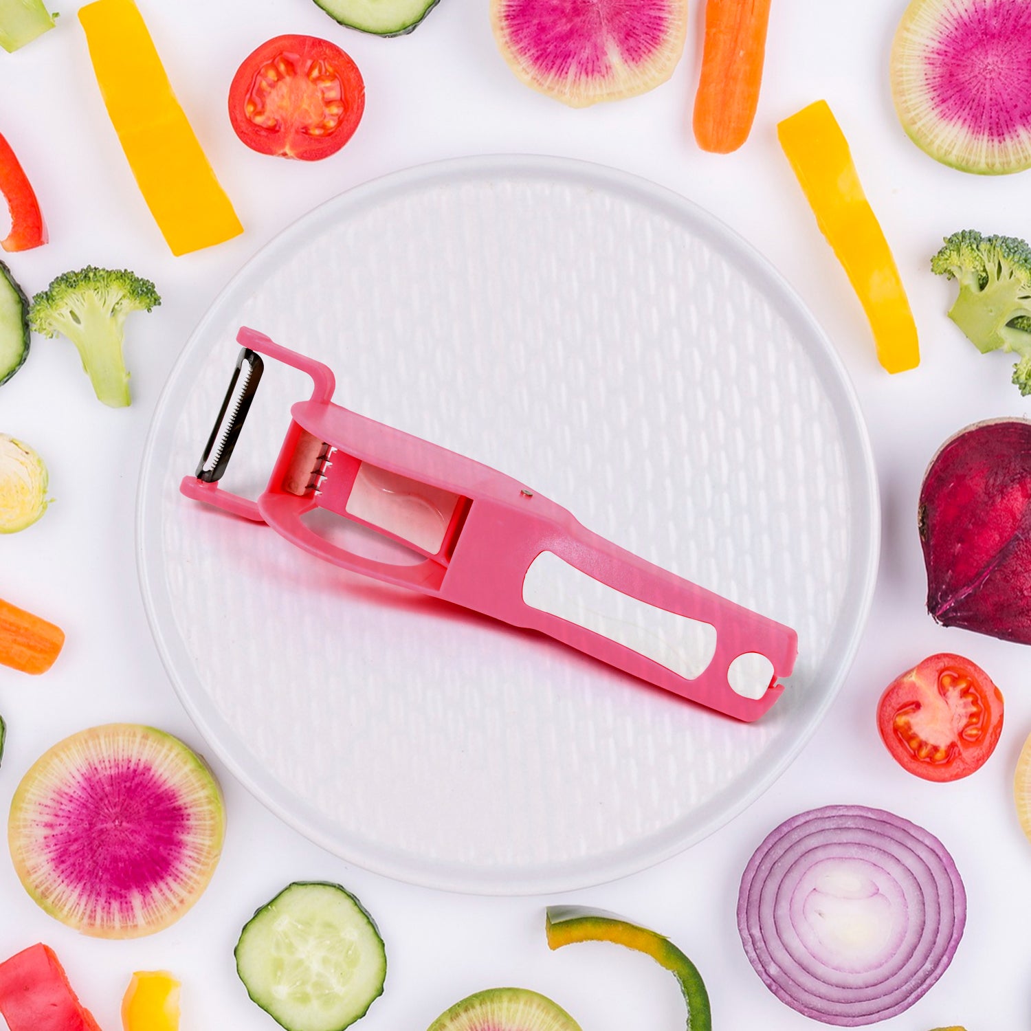 Wukusy 2-in-1 plastic vegetable and fruit multi cutter with 5 blades and peeler in multicolor, ideal for kitchen prep.