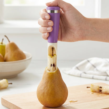 Wukusy multipurpose apple cutter, fruit slicer, peeler, and corer tool showing stainless steel blades and ergonomic handle.