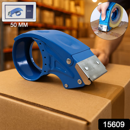 Heavy-duty Wukusy tape dispenser with built-in cutter, durable plastic construction, shown with tape roll ready for use.