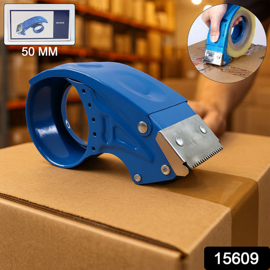 Heavy-duty Wukusy tape dispenser with built-in cutter, durable plastic construction, shown with tape roll ready for use.