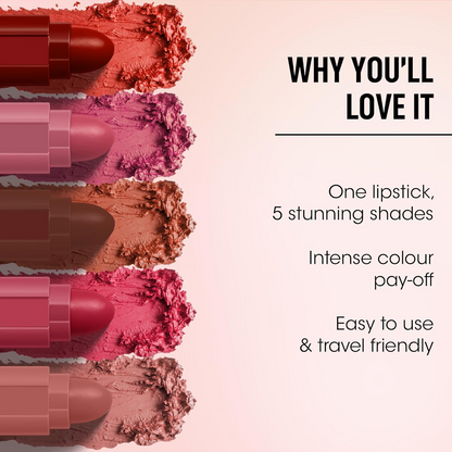 Wukusy OG Beauty 5-in-1 Sensational Lipstick in 7.5g, featuring a sleek tube with the lipstick partially twisted up, showcasing vibrant color.
