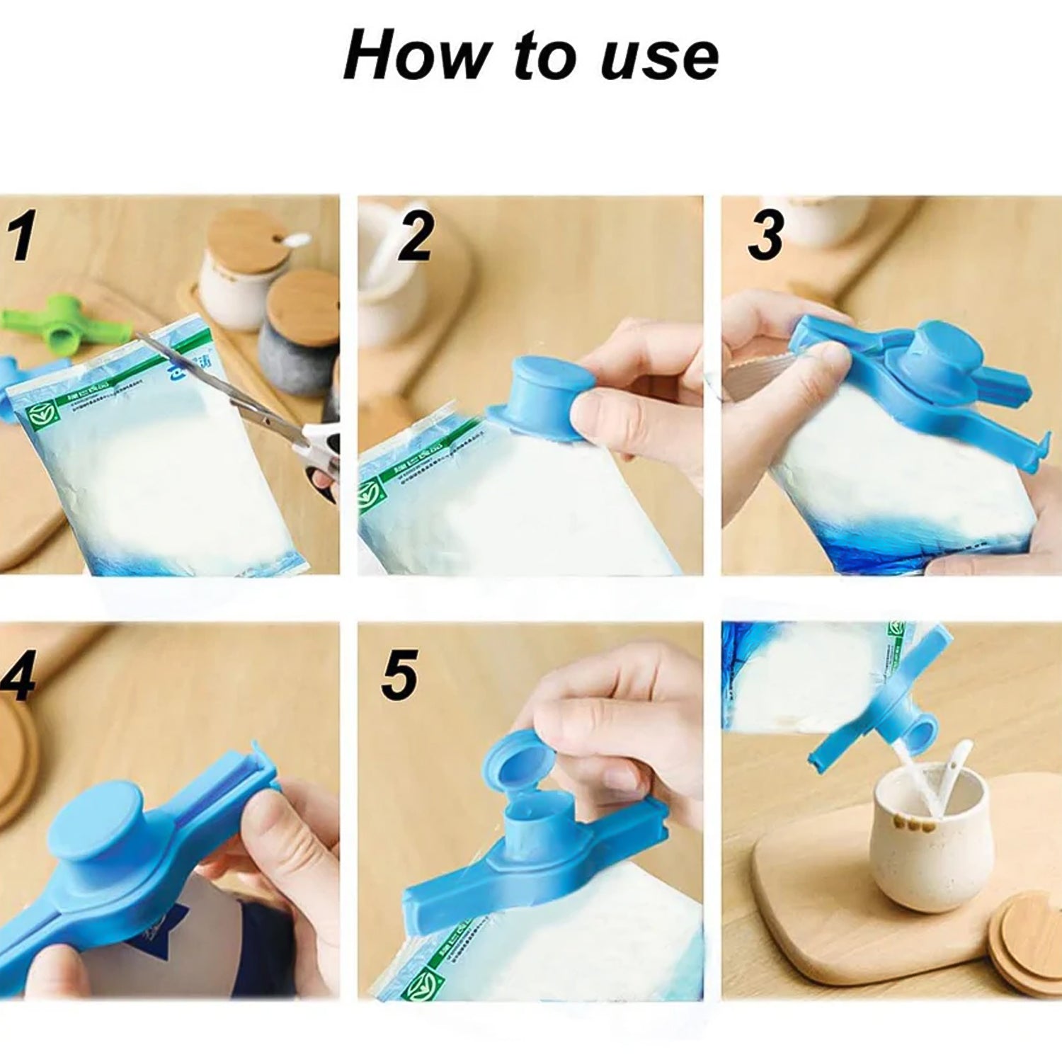 Wukusy Packet Pourer Sealer Clips set of 4 for sealing and pouring food packets in home and kitchen use.