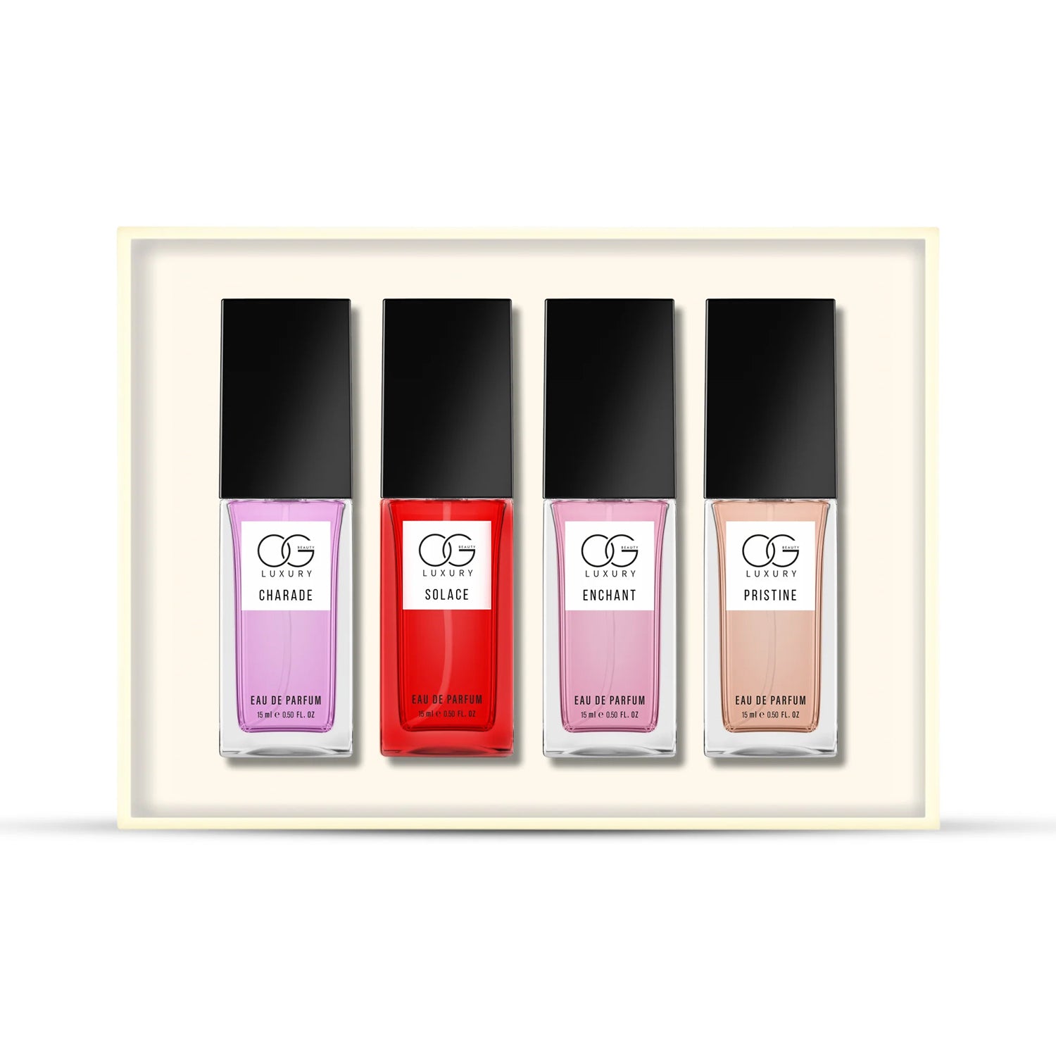 Wukusy Og Beauty Luxury Pure Elegance Eau De Parfum 4-piece set with 15ml bottles, displayed in a sleek, elegant packaging.