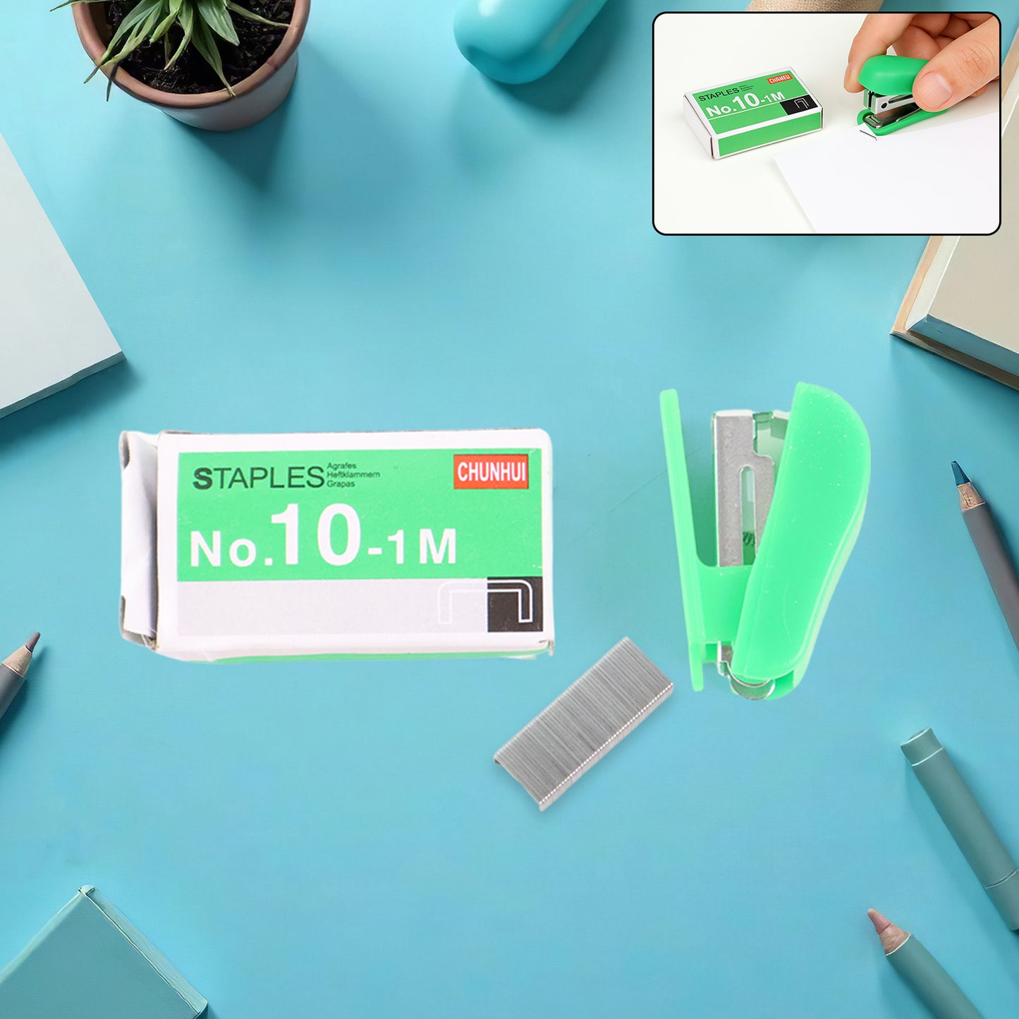 Wukusy mini office stapler with a strip of staples, compact and portable for desktop or on-the-go document fastening.