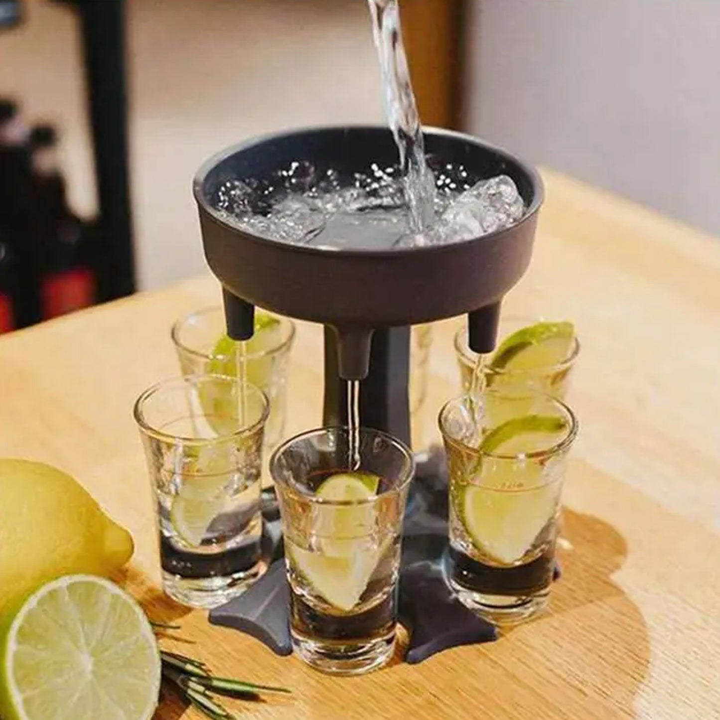 Wukusy 2275 6-shot glass dispenser with tray for drinking games, featuring shot spouts for quick, fun party shots.