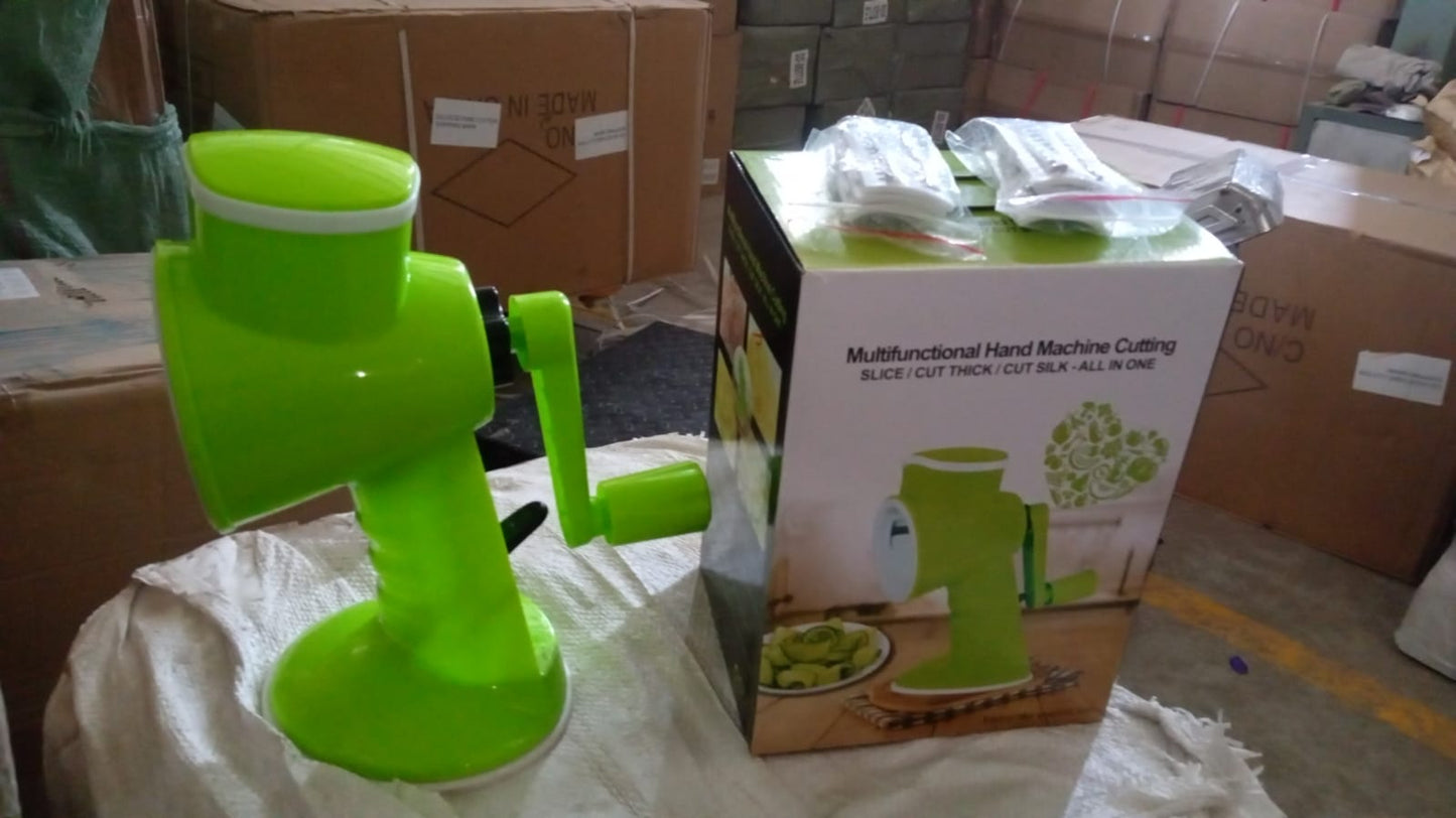 Wukusy 6-in-1 vegetable cutter and slicer with removable blades, featuring a hand-crank chopper for slicing, chopping, and grating vegetables.