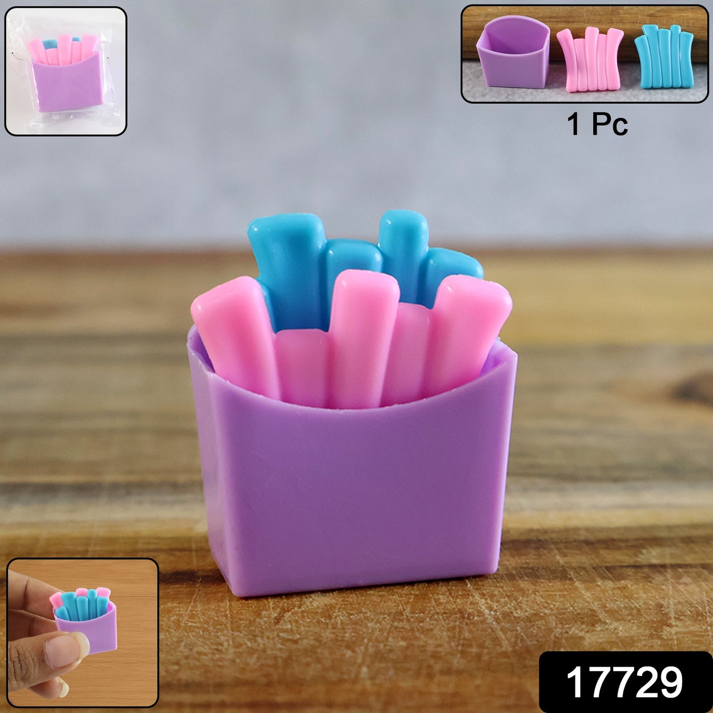 Wukusy Mini French Fries Toy Set featuring realistic plastic fries in a small, colorful container for pretend play and collecting.