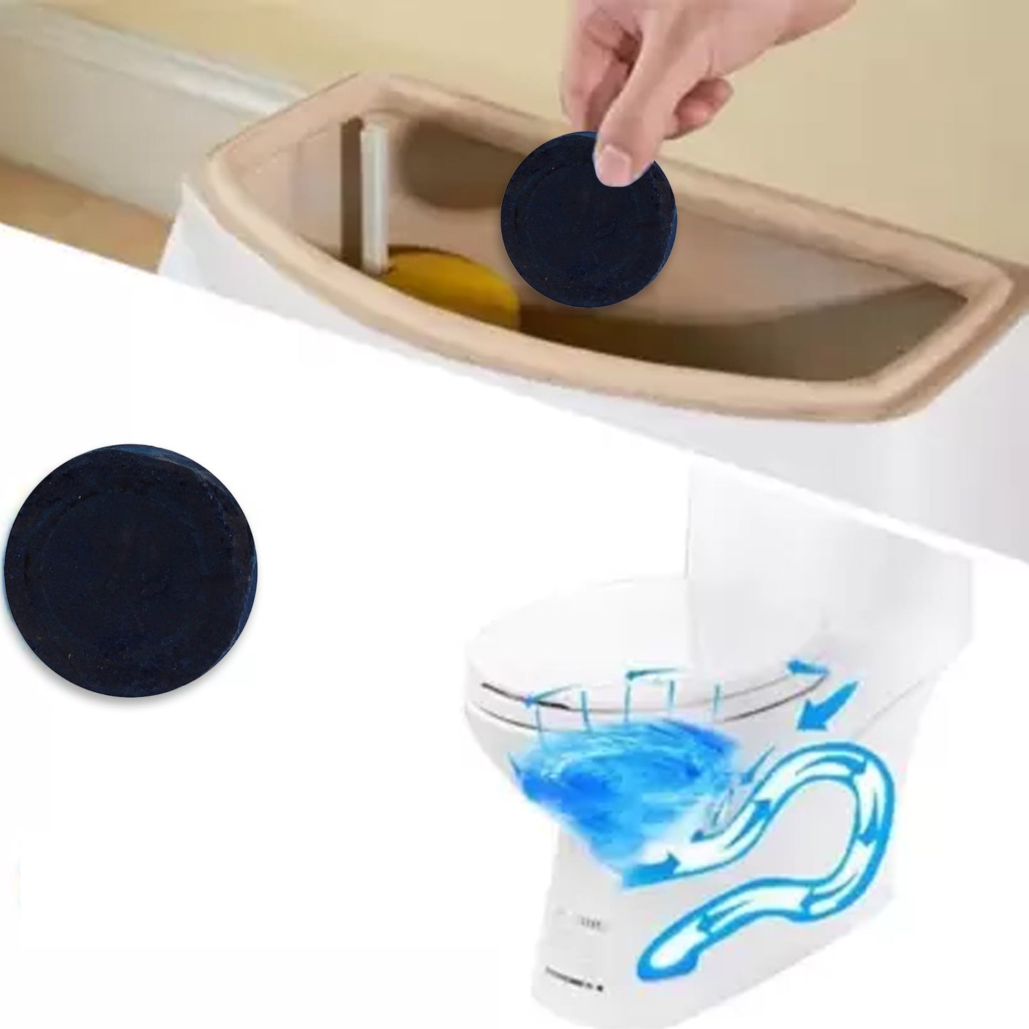 Wukusy Ocean Blue Toilet Cleaner Flush Tab 100g, showing blue tablet for toilet cleaning in a bathroom setting.