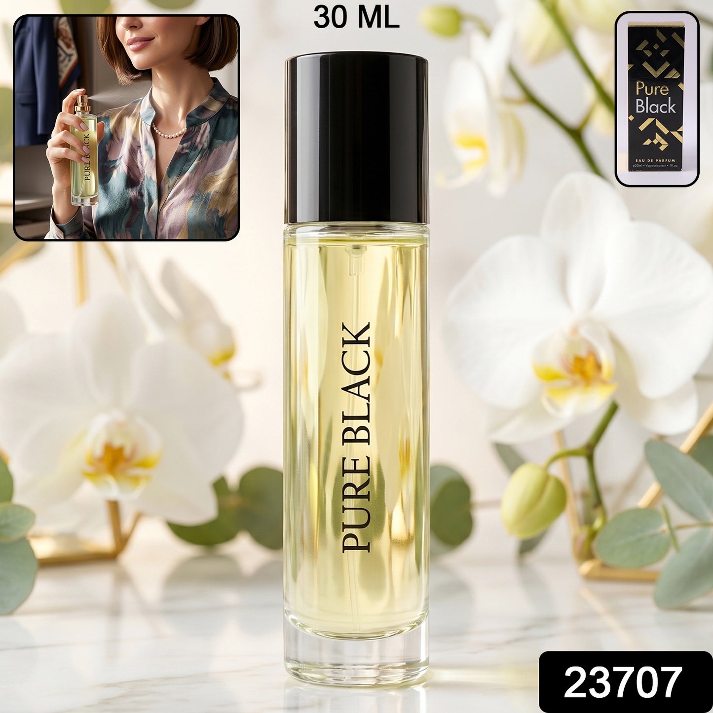 Wukusy Pure Black Eau De Parfum spray bottle, 30ml with sleek black design and elegant packaging.