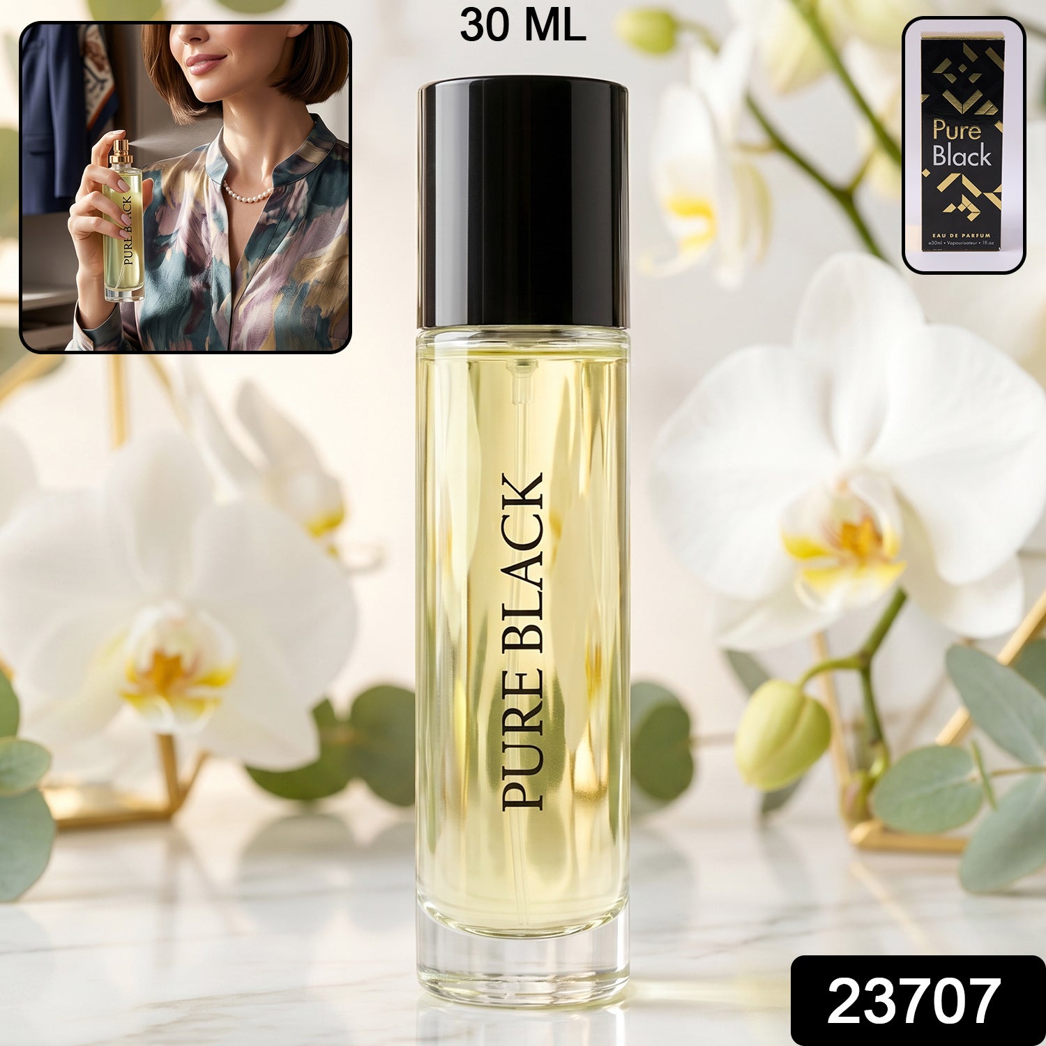 Wukusy Pure Black Eau De Parfum spray bottle, 30ml with sleek black design and elegant packaging.