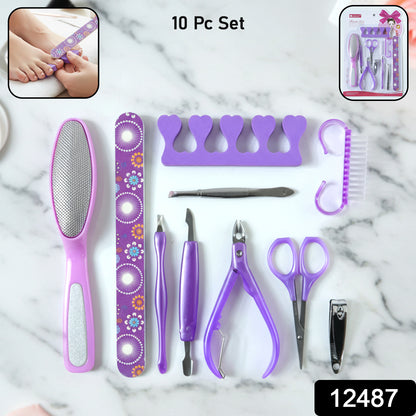 Wukusy 10-piece personal grooming manicure and pedicure nail care tool set with scissors, clippers, tweezers, and files.