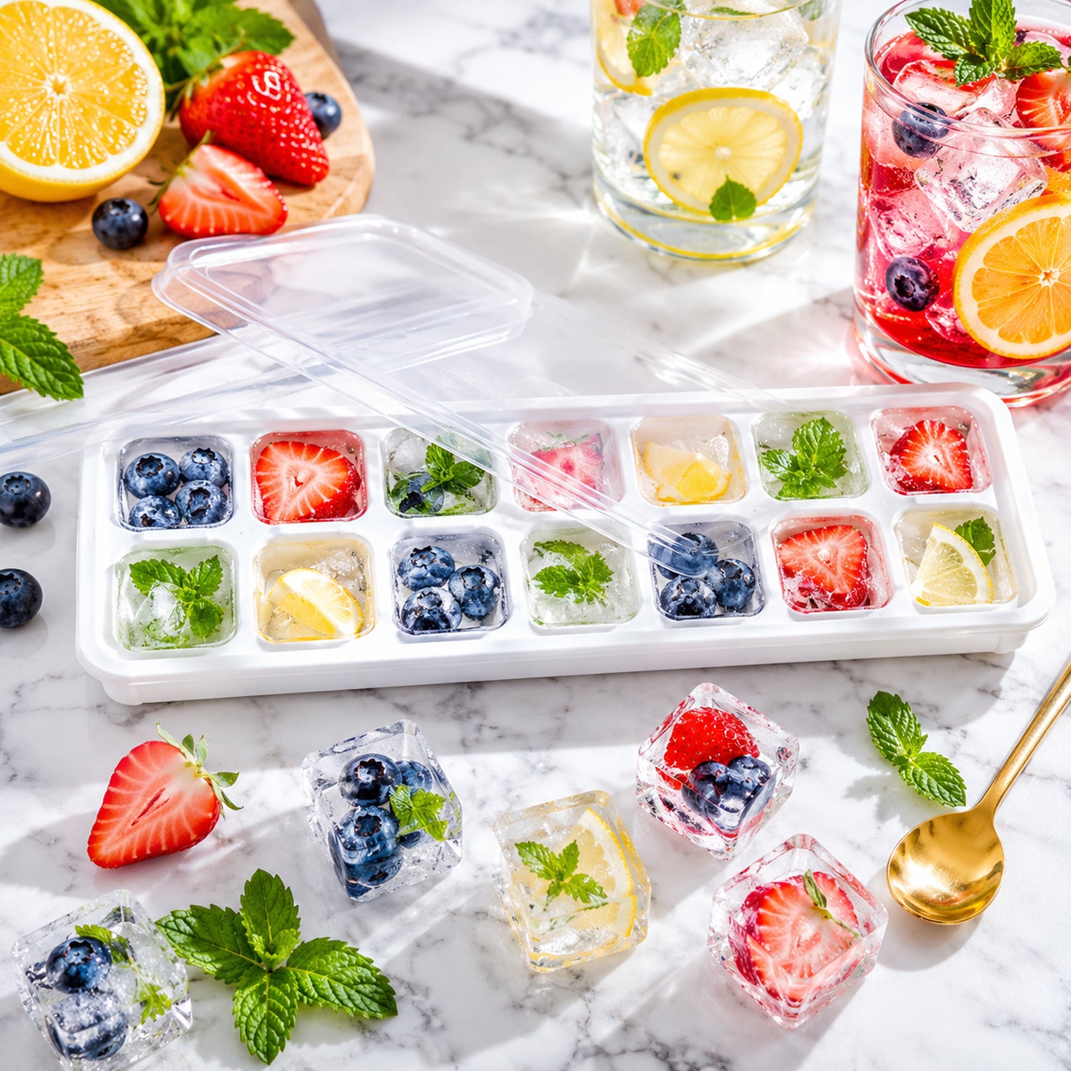Wukusy 14-cavity ice cube tray with lid, flexible silicone mold for easy release, stored in freezer for ice making.