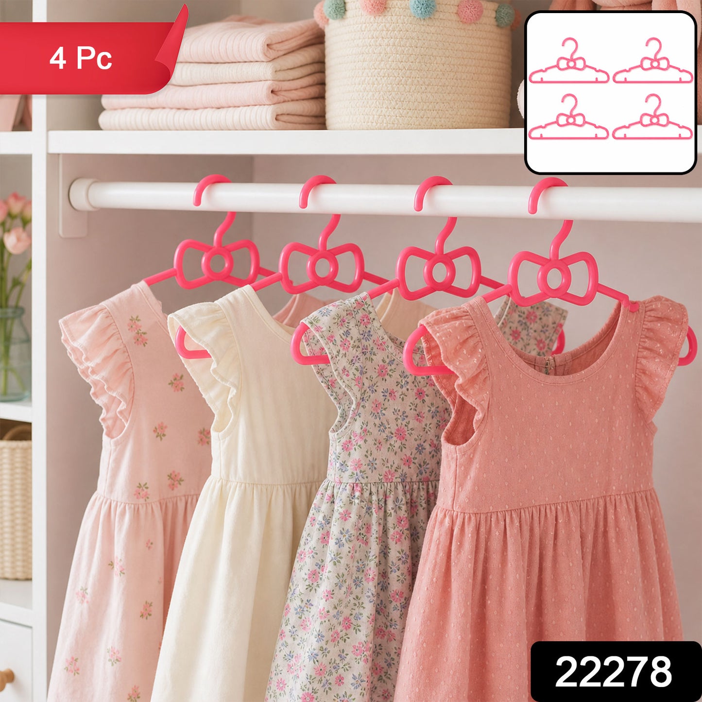 Set of four Wukusy kids plastic clothes hangers with cute bow designs for baby wardrobes, lightweight and colorful.