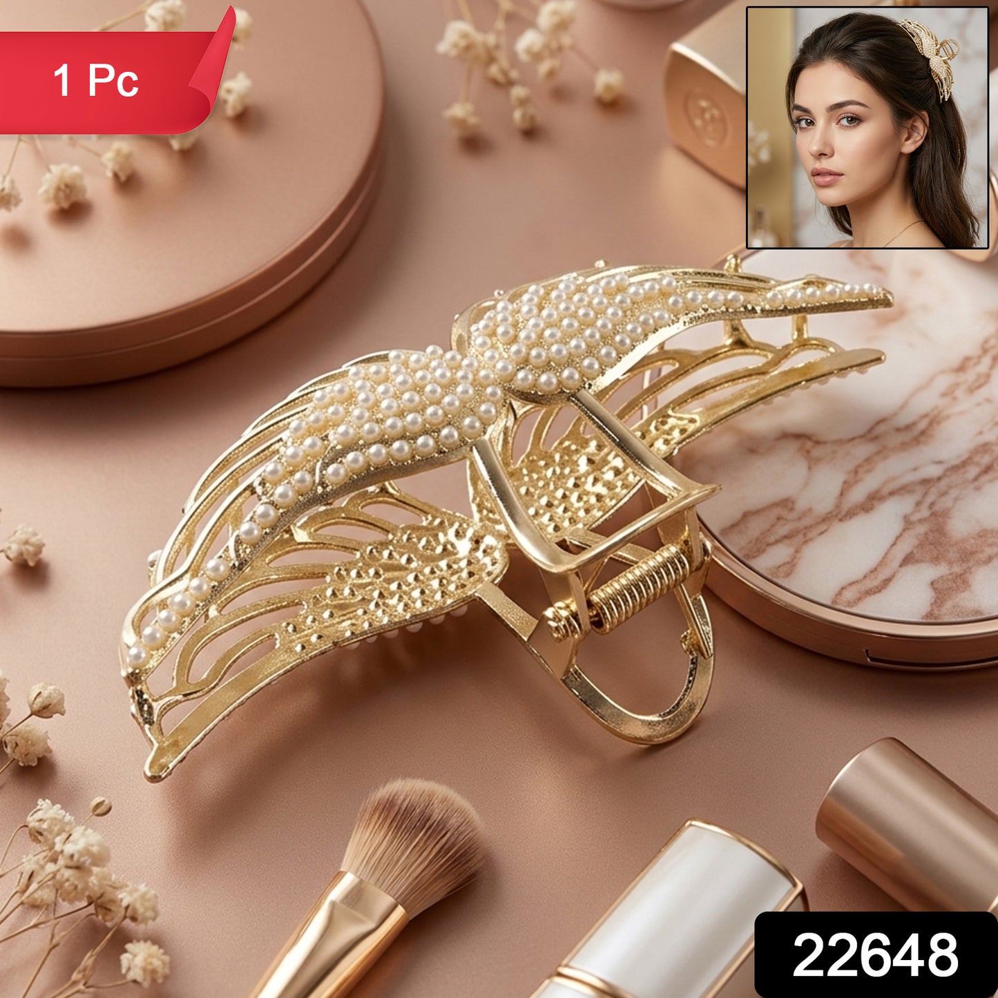 Wukusy premium pearl-studded elegant hair claw clip for women, showcasing a stylish accessory with pearl accents and a sleek design.