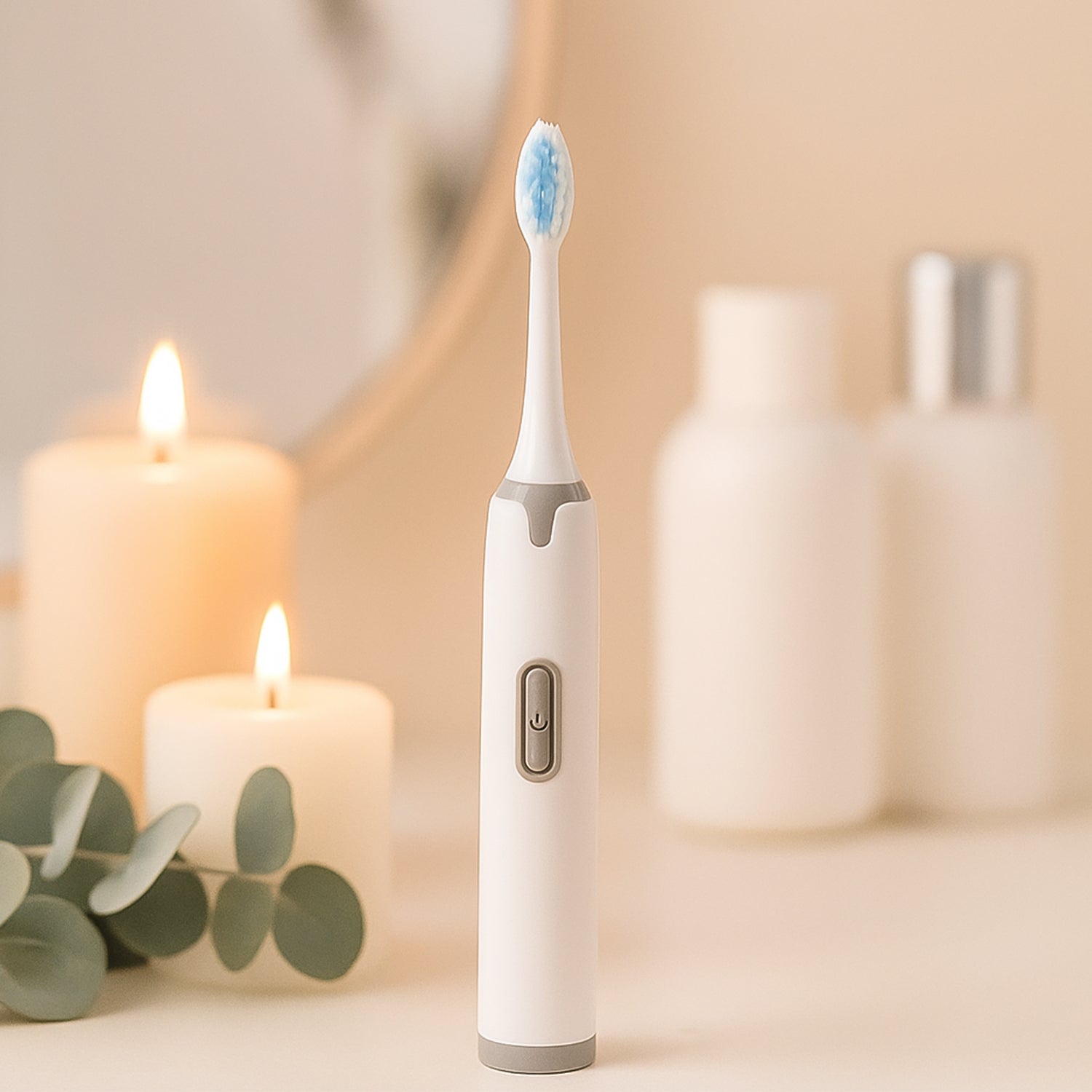 Wukusy battery-operated electric toothbrush with white handle and brush head for effective oral cleaning.
