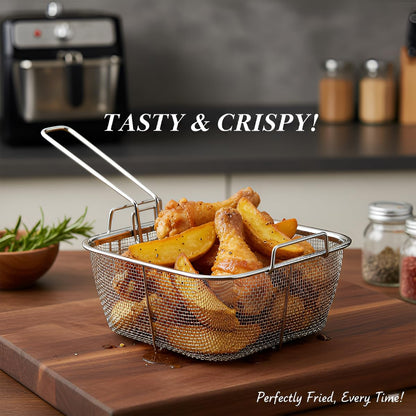 Wukusy stainless steel deep fryer basket with long handle for easy, safe frying and draining in commercial or home kitchens