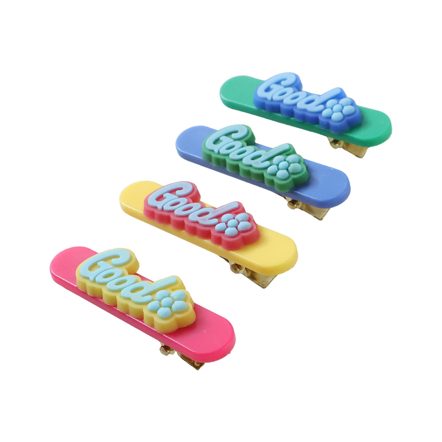 Set of four colorful Wukusy hair clips with vibrant, playful designs for stylish hair accessories.