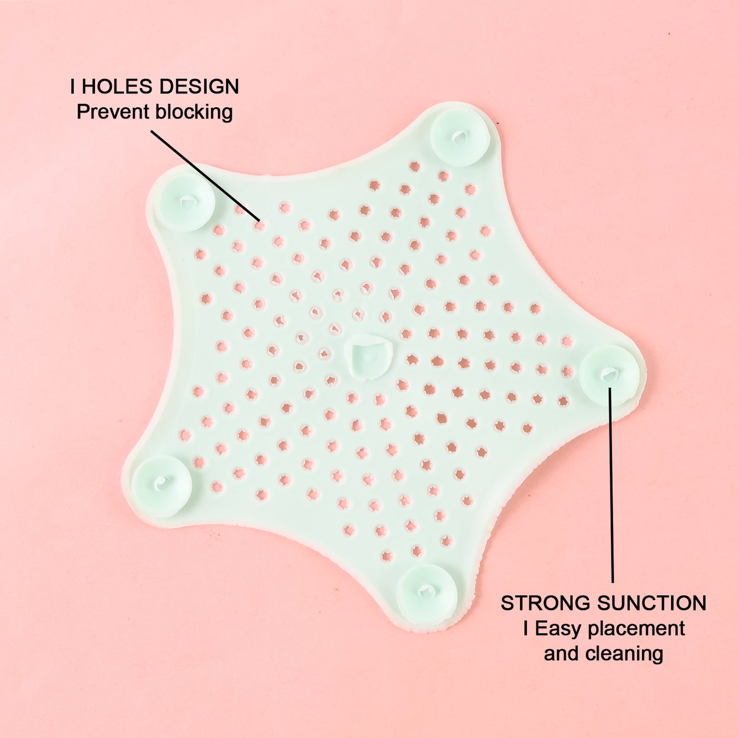 Mint green silicone star-shaped sink filter by Wukusy, designed to catch hair and debris in bathroom drain strainers.