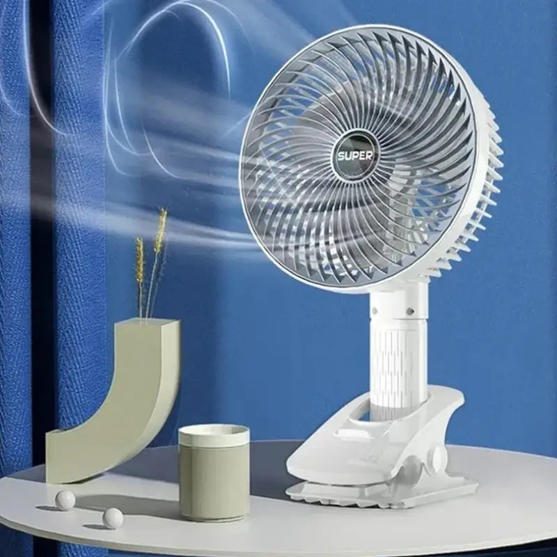 Ekom portable USB handheld and desktop fan, compact rechargeable cooling fan with adjustable settings for home use.