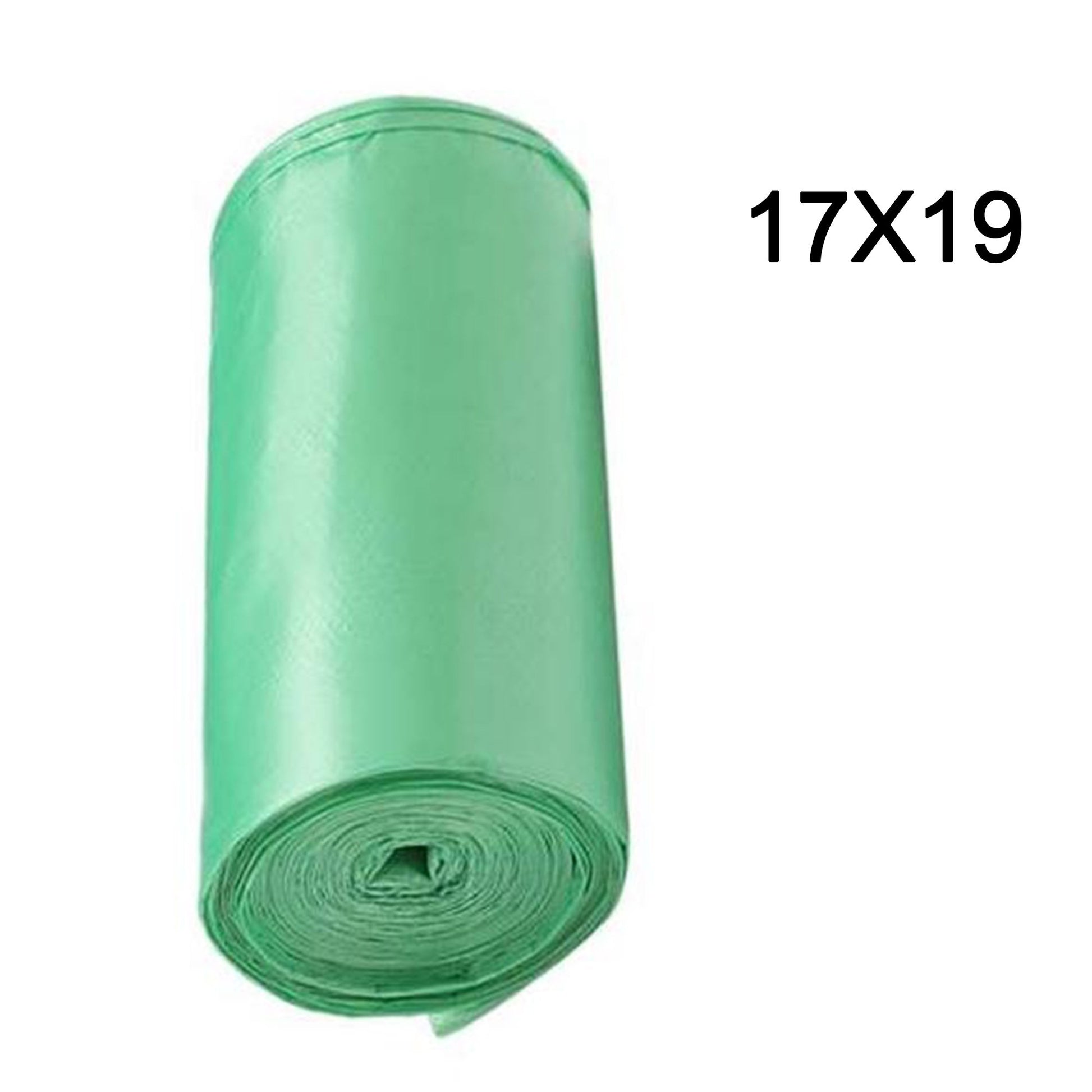 Green compostable corn starch garbage bags from Wukusy, 17x19 inches, showing the eco-friendly bags rolled and folded.